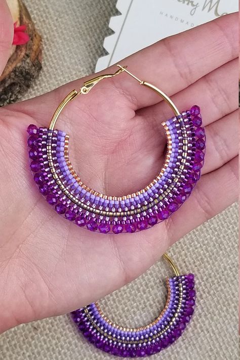 Big Beaded Miyuki Hoop Earrings Bohemian Style Hoop Earrings | Etsy Miyuki Earrings, Hoop Earrings Big, Beaded Work, Stitch Earrings, Brass Hoop Earrings, Diy Jewlery, Purple Beaded, Earrings Big, Big Hoop Earrings