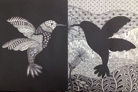 My Zentangle hummingbird.  This is an example for my students' project. This can be use for several concepts:  positive / negative space, reflection, line and shape, etc.  I did this project with my 6th grade students. Drawings Of Birds, Positive Negative Space, Space Art Projects, Negative Space Art, Space Drawing, High School Art Lessons, High School Art Projects, 8th Grade Art, Middle School Art Projects