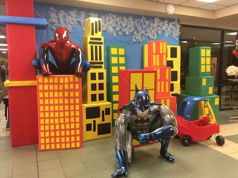 VBS Hero Central 2017 Super Hero Back Drop, Hero Hotline Vbs Decorations, Superhero Vbs Decorations, Hero Central Vbs, Superhero Backdrop, Superhero Vbs, Spiderman Birthday Party Decorations, Villains Party, Superhero Classroom Theme