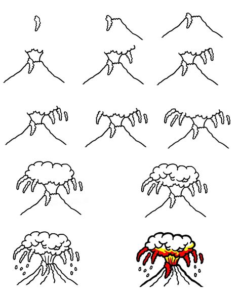 How To Draw A Volcano In 13 Easy Steps 1 Volcanic Eruption Drawing Easy, Volcano Drawing Simple, How To Paint A Volcano, Volcano Cartoon Drawing, Volcano Line Art, Taal Volcano Drawing, Volcano Drawing, Volcano Pictures, Cloud Outline