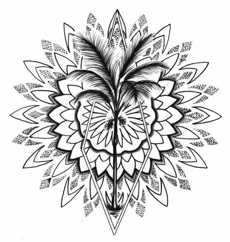 Mandala Palm Tree Tattoo, Mandala Beach Tattoo, Tropical Mandala Tattoo, Mandala Ocean Tattoo, Palm Tree Leg Tattoo, Tulum Tattoo, Palm Tree Tattoo Ideas, Palm Size Tattoos, Tree Tattoo Ideas