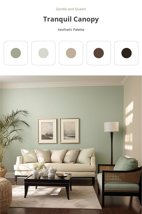 The Tranquil Canopy color palette blends earthy and neutral tones. Subdued, muted green imparts a calming, natural quality. Pale gray, with a slight hint of green, creates an airy feel. Warm grey-brown infuses rustic comfort, while rich brown deepens the richness. Near-black brown adds intensity and sophistication. Mint Living Rooms, Green Walls Living Room, Green Living Room Decor, Color Palette Living Room, Plan Villa, Living Room Wall Color, Brown Rooms, Room Wall Colors, Living Room Color Schemes