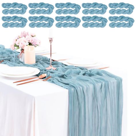 PRICES MAY VARY. Polyester Complete Package: Our set includes 10 pieces of 10ft dusty blue cheesecloth table runners, each measuring 35 x 120 inches. Suitable for weddings, banquets, and all kinds of parties, these runners can also be used as chair cover sashes or decorative napkins, backdrop draping and gift wrapping Complete Package: Our set includes 10 pieces of 10ft dusty sage green cheesecloth table runners, each measuring 35 x 120 inches. Suitable for weddings, banquets, and all kinds of p Bridal Shower Decor Table, Blue Chiffon Table Runner, Square Wedding Tables, Backdrop Draping, Wedding Cake Table Decorations, Cheesecloth Table Runner, Vintage Wedding Table, Wedding Table Runner, Holiday Dinner Table