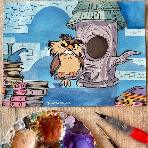 Elisa G.B. on Instagram: “Commissioned Archimedes painting 🦉✨. I used watercolor and gouache 🤗🎨 #swordinthestone #kingarthur #disney #gouache #disneyfanart #disney…” Disney Gouache, Disney Paintings, Disney Fine Art, Disney Instagram, Art Drawings Sketches Creative, Gouache Painting, Disney Fan Art, Art Drawings Sketches, Disney Art