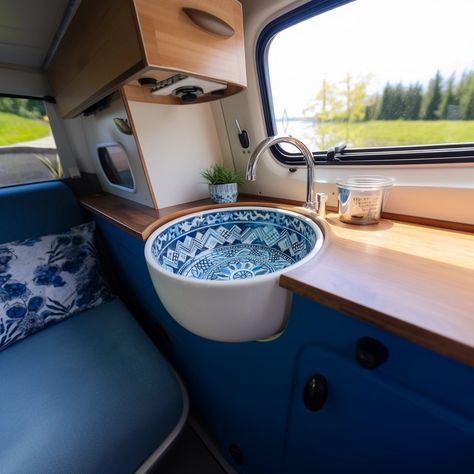 Micro camper sink solution 
Half worktop sink set into worktop small sink in small space Micro Campers, Colored Sinks, Unique Sinks, Micro Camper, Campervan Interior, Campervan Conversions, Tiny House On Wheels, Sink In, House On Wheels