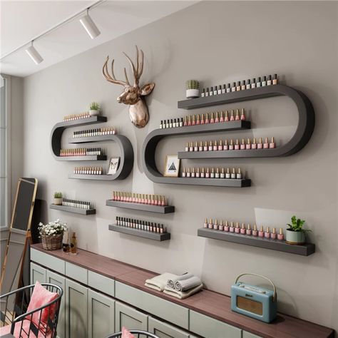 Nail Salon Shelving Ideas, Cosmetics Salon Interior, Mail Polish Display, Nail Polish Stand Display, Nail Salon Cabinets, Cool Nail Salon Interior, Nail Decor Salon, Mobile Nail Salon Ideas, Nails Interior Design