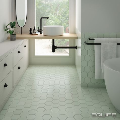 Mint Green Bathrooms, Porcelain Hexagon Tile, Hexagonal Tiles, Mint Walls, Luxury Tile, Bad Inspiration, Green Flooring, Hexagon Tiles, Green Tile