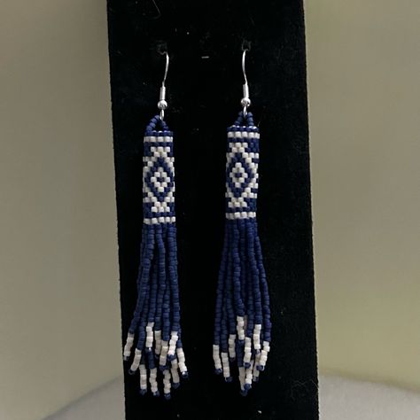 Beaded Navajo Pattern Earrings Made With Blue And Cream Color Glass Delica Beads And Sterling Silver Plated Earring Hooks. Approximately 3&1/2 Inches Long Pattern By Beadedpatternsbydeb Navajo Pattern, Blue Beaded Earrings, Interchangeable Earrings, Large Statement Earrings, Native American Earrings, Native American Beaded Earrings, Beaded Earring, Recycled Glass Bead, Jewel Colors