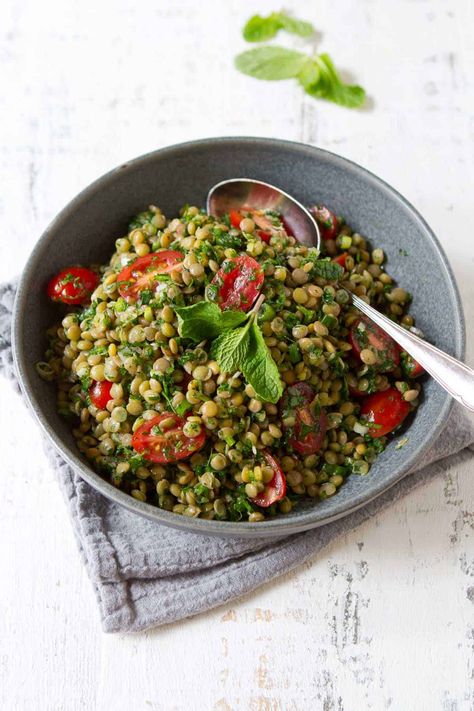 Lentil Tabbouleh Salad Recipe - Cookin Canuck Vegan Orzo Recipes, Vegan Summer Dinner, Lentil Tabbouleh, Plant Based Dressing, Cold Recipes, Green Lentil Salad, Tabbouleh Salad Recipe, Tabbouleh Recipe, Salmon With Avocado Salsa