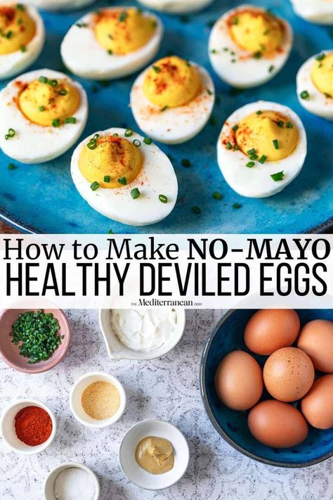 Deviled Eggs With Greek Yogurt, No Mayo Deviled Eggs, Greek Yogurt Deviled Eggs, Recipes Eggs, Devil Eggs, Healthy Deviled Eggs, Mediterranean Appetizers, Mediterranean Recipes Healthy, Vegetarian Appetizer