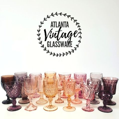 Black Goblets Wedding, Vintage Colored Glass Wedding, Pink Goblets Table Settings, Colored Water Goblets Wedding, Water Goblets Table Settings, Vintage Pink Glassware, Vintage Glassware Wedding, Colored Goblets, Wedding Goblets