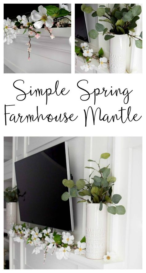 Simple Spring Farmhouse Mantle Spring Garland For Mantle, Spring Farmhouse Decorating, Spring Mantle Decor, Mantle Decorating, Farmhouse Mantle Decor, Farmhouse Mantle, Farmhouse Mantel, Spring Mantle, Spring Farmhouse