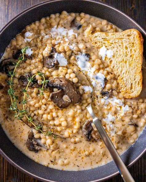 Pearl Couscous Soup, Mushroom Couscous, Couscous Soup, Pearl Couscous, Leftovers Soup, Couscous Recipes, Small Pasta, Soup And Stew, Creamy Mushrooms