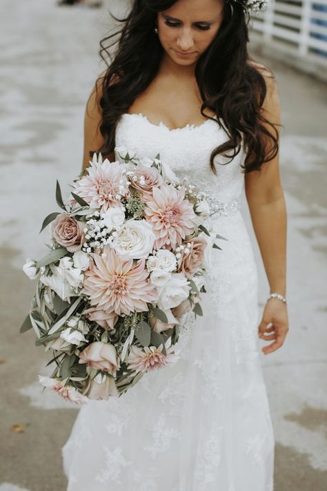 Cafe Au Lait Dahlia Bouquet, Cafe Au Lait Dahlias, Dahlia Wedding Bouquets, Dahlia Wedding, Cascading Bouquet, Dahlia Bouquet, Cascade Bouquet, Wedding Mood Board, Bridesmaid Bouquet