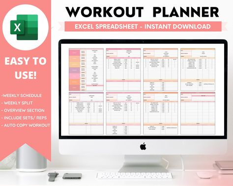 Workout Planner Spreadsheet, Microsoft Excel, Daily, Weekly, Fitness, Fitness Tracker, Split Training, Planner Workout Excel Sheet, Excel Weekly Planner, Workout Spreadsheet, Excel Planner, Split Training, Training Tracker, Weekly Planner Book, Training Planner, Weekly Planner Print