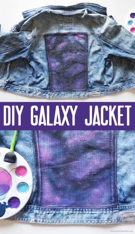 DIY Galaxy Jacket #plaidcrafts #plaidcreators #fashion #kidsfashion #galaxy #galaxypainting #upcycle #upcycledfashion #paint #painting Diy Jacket Paint, Diy Painted Jacket, Jeans Jacket Painting Ideas Aesthetic, Denim Jacket Art Paint, Painted Denim Jacket Ideas, Galaxy Shirt Diy, Galaxy Jacket, Painted Backpack, Jean Upcycle