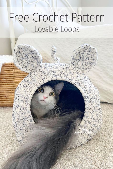 Adorable Mouse Ears Crochet Cat Pod - a free, cozy, DIY cave bed for cats and small dogs with a boho aesthetic, made with super bulky yarn. Crochet Cat Pod Free Pattern, Diy Crochet Cat Bed, Cat Hut, Cat Bed Pattern, Cat Pod, Crochet Cat Bed, Small Dog Bed, Diy Pet Bed, Bed For Cats