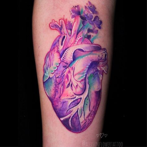 Heart Tattoo. Watercolor illustration with no black lines. Made by Alex Sunflower Tattoo Watercolor Heart Tattoos, Heart Tattoo Ankle, Anatomical Tattoos, Anatomical Heart Tattoo, Tattoo Shading, Tattoo Heart, Skeleton Hand Tattoo, Heart Tattoo Designs, Watercolor Heart