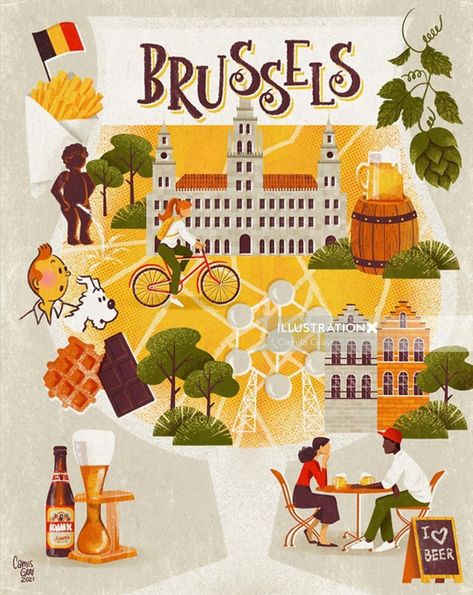 Map of Brussels City in Belgium. Brussels Map, City Maps Illustration, Belgium Map, Disney Doodles, Travel Journal Scrapbook, Belgium Travel, Book Cover Illustration, Lifestyle Illustration, City Illustration