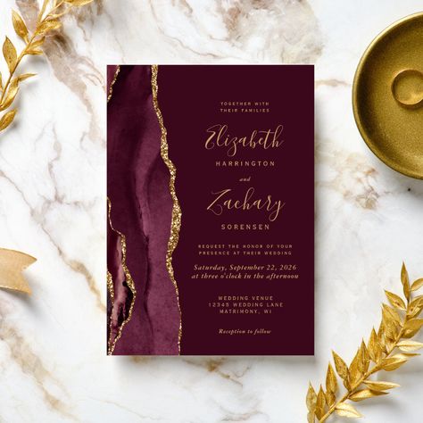 Budget Burgundy Red Gold Agate Wedding Invitation  Zazzle Dark Wedding Invitations, Blue Wedding Invitation, Elegant Modern Wedding, Agate Wedding, Navy Blue Wedding Invitations, Afternoon Wedding, Dark Wedding, Wedding Anniversary Invitations, Dark Burgundy