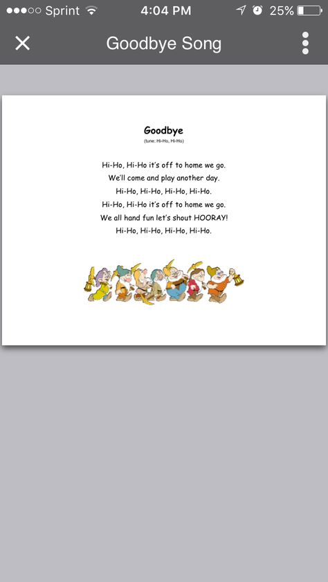 Goodbye song to sing at the end of each day to the tune Hi-Ho, Hi-Ho End Of Day Song For Kindergarten, Goodbye Songs For Kindergarten, Preschool Goodbye Songs, Goodbye Songs For Preschool, Goodbye Song For Kids, Goodbye Songs, Good Bye Songs, Attendance Incentives, Goodbye Song