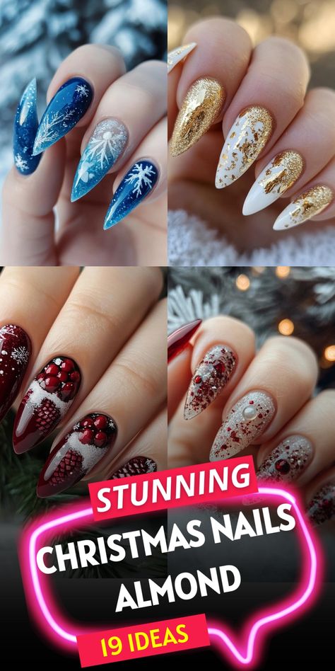 Christmas-themed almond nails: 19 show-stopping designs to elevate your holiday look. Transform your manicure into a festive masterpiece with these eye-catching ideas. From bold Santa-inspired reds to ethereal winter wonderland scenes, discover the perfect nail art to express your holiday spirit and make a statement at every seasonal gathering. Almond Xmas Nails Designs, Stilleto Winter Nails, Easy Christmas Nails Almond, Glamorous Christmas Nails, Winter Christmas Nails 2024, Sculpted Nails Design, Christmas Almond Nails Designs, Christmas Nail Art 2024, New Years Stilleto Nails