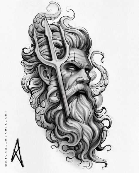 Greek Mythology Tattoos Poseidon, Poseidon Tattoo Stencil, Poseidon Drawing, Zeus Tattoo Design, Voll Arm-tattoos, Half Sleeve Tattoos Sketches, Tato Maori, Greek God Tattoo, End Of Month