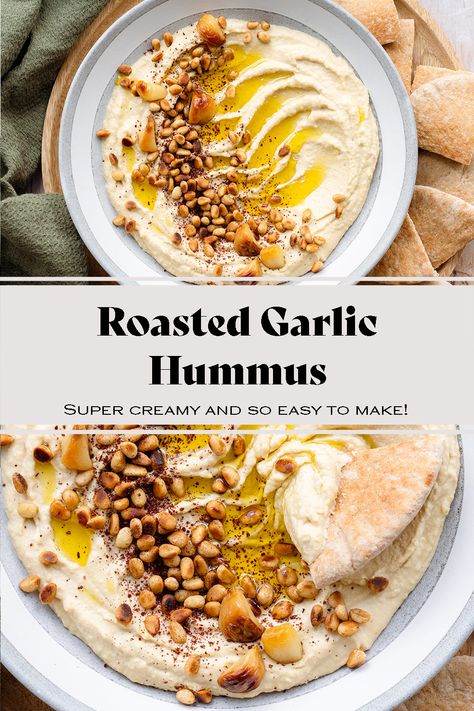 Roasted Garlic Hummus Recipe, Garlic Hummus Recipe, Roasted Garlic Hummus, Hummus Recipe Homemade, Roasted Garlic Cloves, Garlic Hummus, Dry Chickpeas, Homemade Hummus, Garlic Recipes