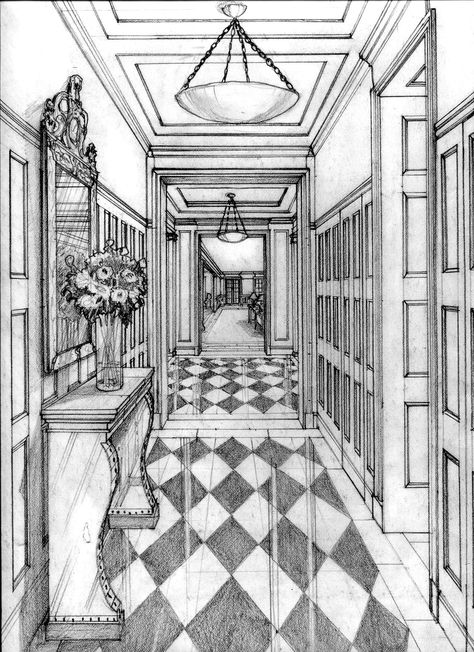 Interior Drawing Sketches, Hallway Drawing, Hall Drawing, Paneling Walls, 1 Point Perspective Drawing, Perspective Room, Wainscoting Height, Drawing Rooms, Perspective Sketch