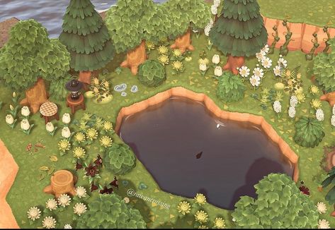 Acnh Pond Decorations, Acnh Small Pond Ideas, Acnh Fishing Pond, Pond Ideas Acnh, Animal Crossing River Ideas, Acnh Duck Pond, Animal Crossing Pond Ideas, Acnh Pond Idea, Pond Animal Crossing