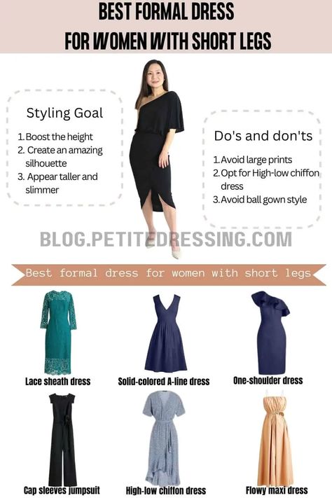 Formal dress guide for women with short legs Outfit For Short Women, Short Legs Outfit, Petite Formal Dresses, Style For Short Women, High Low Chiffon Dress, Best Formal Dresses, Capsule Wardrobe Casual, Legs Outfit, Dress For Petite Women