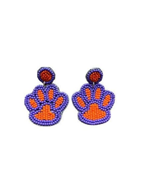 Tiger Paw Print, Clemson Tiger Paw, Paw Print Earrings, Tiger Earrings, Tiger Paw, Orange Earrings, Purple And Orange, Earrings Purple, Clemson Tigers