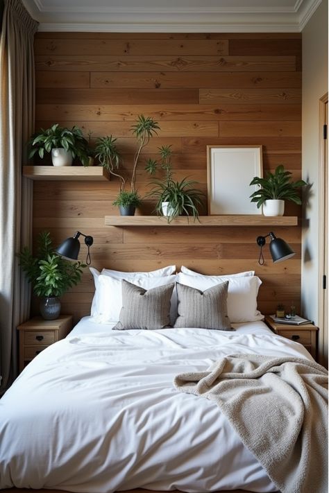 Bedroom with reclaimed wood plank wall and floating shelves Bedroom Side Wall Decor, Bedroom With Accent Wall, Wood Plank Wall, Reclaimed Wood Accent Wall, Textured Backdrop, Bedroom Wall Decor Ideas, Wood Plank Walls, Paint Inspiration, Traditional Paint