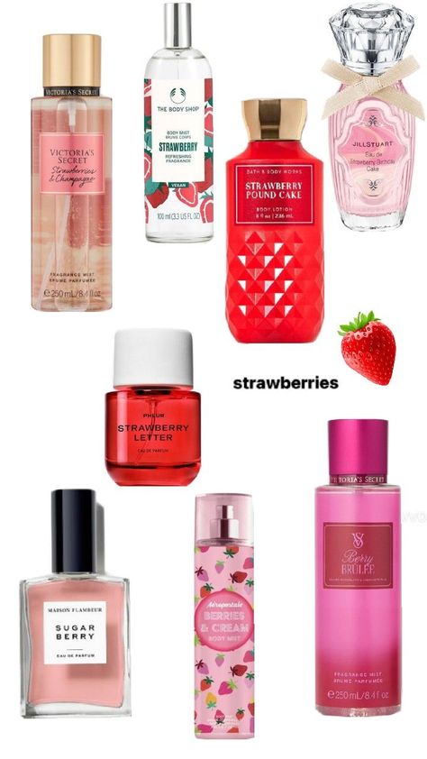 Perfume Smell Good, Strawberry Perfume, Bath N Body Works, Pound Cake With Strawberries, Fragrance Mist, Body Mist, Smell Good, The Body Shop, Aeropostale