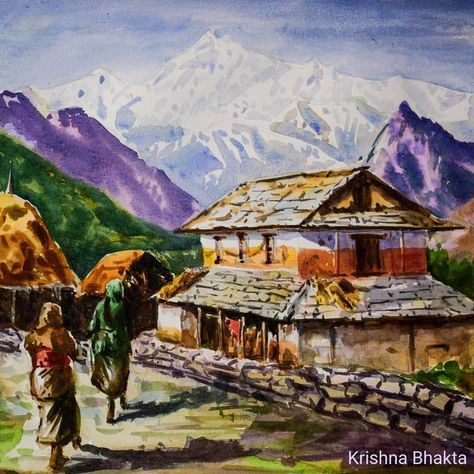 Nepal Painting, Nepal Architecture, Mountain Painting Acrylic, Mountain Painting, Architecture Painting, Mountain Paintings, Himalayan, Painting Acrylic, House Painting