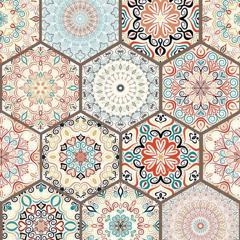 Bohemian Tiles, Stile Boho Chic, Boho Chique, Mandala Boho, Hexagon Tile, Tuscan Design, Boho Wallpaper, Moroccan Tiles, Hexagon Design