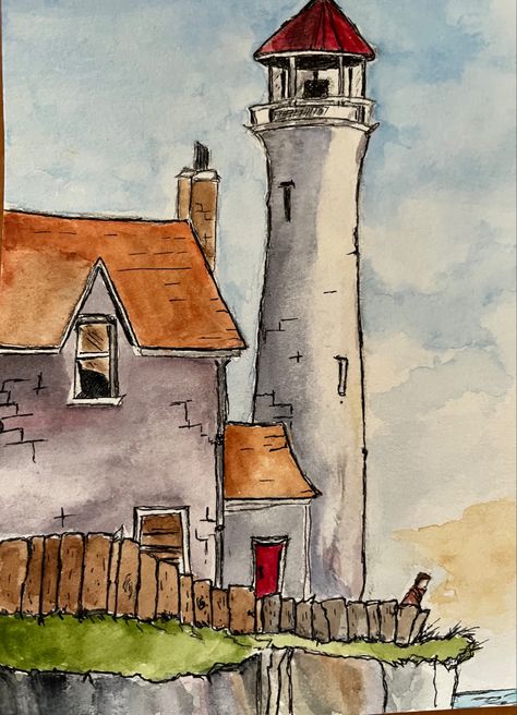 Urban Watercolor Sketching, Watercolor Lighthouse, Watercolor House Painting, Lighthouse Painting, Geometric Shapes Art, Watercolor Architecture, Watercolor Paintings Easy, Watercolor Flower Art, Watercolor Painting Techniques