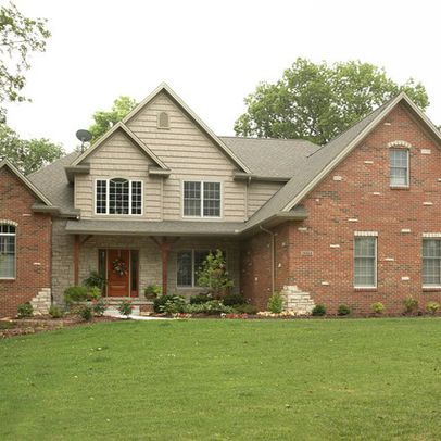 Red Brick Tan Siding House, Tan Siding, Outdoor Upgrades, Orange Brick Houses, Brick Exteriors, Tudor Homes, Red Brick Exteriors, Exterior Paint Schemes, Tan House