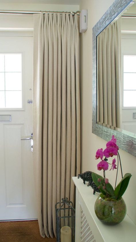 Euro pleat door curtain in soft neutral wool by Number EightyOne Bespoke Upholstery Beadboard Hallway, Hallway Curtains, Hall Curtains, Front Door Curtains, Black Hallway, Double Doors Interior, Door Coverings, Curtains And Blinds, Curtain Headings