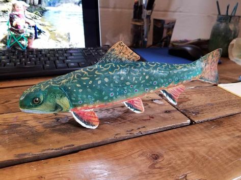 Made by Cassanna Making Paper Mache, Paper Mache Clay, Barn Interior, Brook Trout, Paper Mache Art, Paper Mache Crafts, Sustainable Art, Cute Fish, Arts Ed