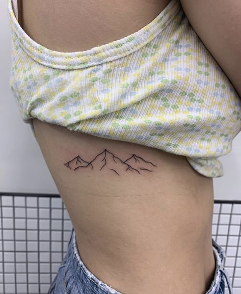 Rib Tattoo Mountain, Rib Cage Mountain Tattoo, Mountain Tattoo Ribcage, Mountain Tattoo On Ribs, Mountain Tattoo Ribs, Mountain Fine Line Tattoo, Pichu Tattoo, Mountain Rib Tattoo, Fine Line Mountain Tattoo