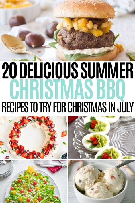 collage of Christmas BBQ dishes with caption 20 delicious summer Christmas bbq recipes to try for Christmas in July Christmas Bbq Decorations, Bbq Christmas Dinner, Summer Christmas Ideas, Christmas In July Appetizers, Christmas In July Recipes, Christmas In July Party Ideas Food, Summer Christmas Lunch, Christmas In July Food Ideas, Christmas In July Food