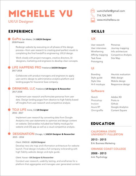 Resume — Michelle Vu UX/UI Designer Ux Resume Design, Uiux Designer Resume, Ux Design Resume, Ui Ux Designer Resume, Ux Resume, Ux Designer Resume, Ui Ux Designer Portfolio, R Png, Web Designer Resume