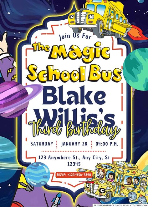 FREE Editable The Magic School Bus Birthday Invitations School Bus Birthday Party, School Bus Birthday, Bus Birthday Party, School Bus Party, The Magic School Bus, Baby Birthday Invitations, Magic School Bus, Magic School, Science Kits