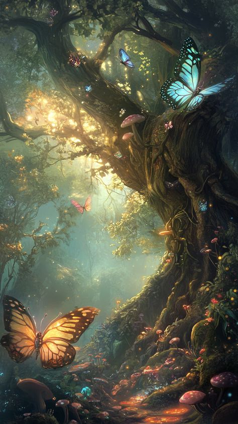 A whimsical forest where trees have glass leaves and shimmering roots, adorned with glowing mushrooms, as a giant butterfly dances through glowing mist. Giant Butterfly, Giant Mushroom, Glowing Mushrooms, Ancient Forest, Whimsical Forest, Cute Room Decor, Whimsical Art, Free Spirit, Surrealism