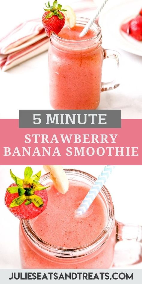 With only 5 minutes of prep and 4 ingredients there's nothing easier to make than a classic Strawberry Banana Smoothie for a refreshing snack. Simply throw your banana, strawberries, ice and milk in the blender and give it a whirr. #smoothie #strawberry Fruit Shakes Recipes, Basic Smoothie Recipe, Strawberry Recipes Easy, Smoothie Strawberry, Peanut Butter Protein Shake, Easy Healthy Smoothie Recipes, Banana Smoothie Healthy, Refreshing Snacks, Easy Healthy Smoothies