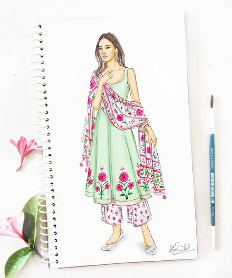 Dipti Patel Illustration on Instagram: “Pretty pink florals to brighten up your rainy days 🌷🌸 Love these bright motifs on a pastel green kurta with a printed dupatta! What's your…” Sketches Indian, Dress Illustration, Fashion Drawing Tutorial, Dress Design Drawing, Fashion Illustration Sketches Dresses, Fashion Sketches Dresses, Salwar Kamiz, Fashion Drawing Dresses, Sketches Dresses