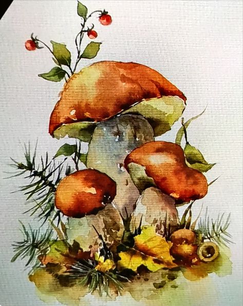 Oil Painting Lessons, Diy Watercolor Painting, Fall Watercolor, Watercolor Flower Art, 수채화 그림, Watercolor Art Lessons, Lukisan Cat Air, Mushroom Art, Autumn Painting