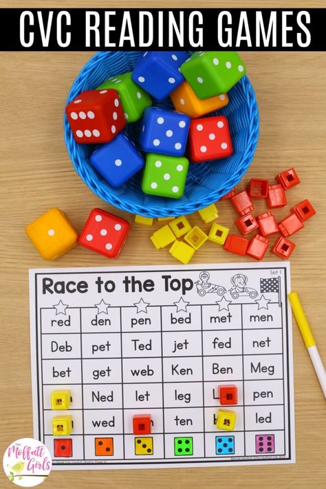 Race to the Top– Roll a die, read a word, and cover the word. Race to see which column wins! 3rd Grade Cvc Words, Free Blending Activities For Kindergarten, Roll And Read Cvc Words Free, 1st Grade Reading Games, Phonics Games Year 1, Roll And Read Sight Words, Decoding Games, Cvc Reading, Read Write Inc