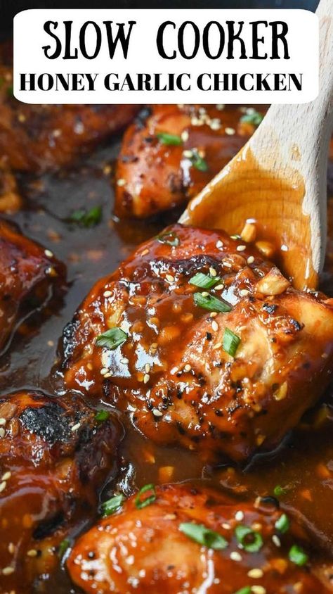 Slow Cooker Honey Garlic Chicken is juicy, tender chicken thighs bathed in a savory-sweet glaze of honey and garlic. Delicious with mashed potatoes or white rice! Slow Cooker Honey Garlic Chicken, Garlic Chicken Thighs, Honey Garlic Chicken Thighs, Slow Cooker Chicken Thighs, Honey Ginger, Honey Garlic Sauce, Ginger Chicken, Honey Garlic Chicken, Easy Slow Cooker